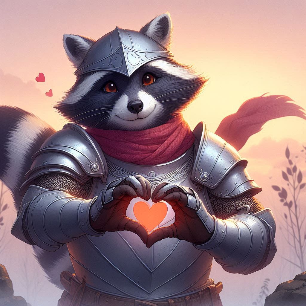 A raccoon in armor sending an air kiss and a heart, with a gentle background (3).jpg
